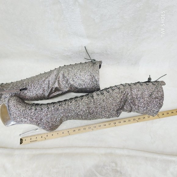 Bulls Silver Glitter Lace Up OTK Platform High Heel Thigh Boot - Picture 10 of 17